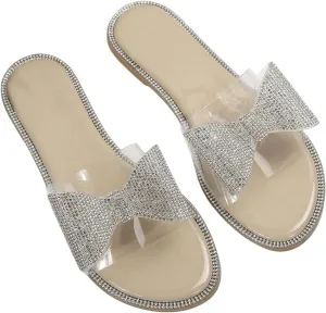 GORGLITTER Women's Rhinestone Bow Flat Clear Sandals Open Toe Slip on Summer Slide Sandals