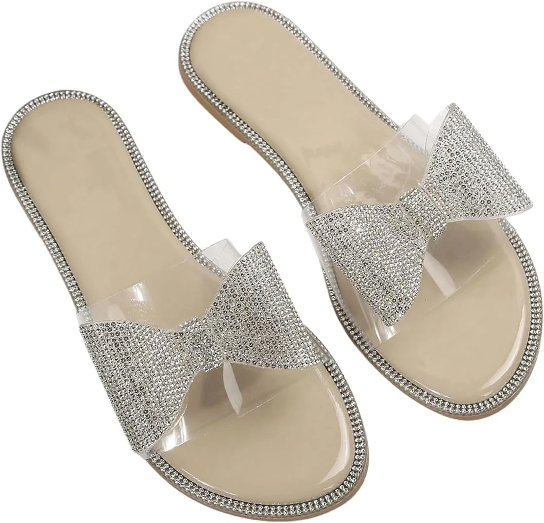 GORGLITTER Women's Rhinestone Bow Flat Clear Sandals Open Toe Slip on Summer Slide Sandals