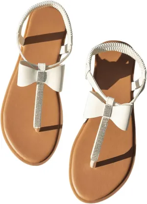 GORGLITTER Women's Rhinestone Bow Flat Sandals Dressy Thong Summer Sandals Open Toe Slingback Slide Sandals