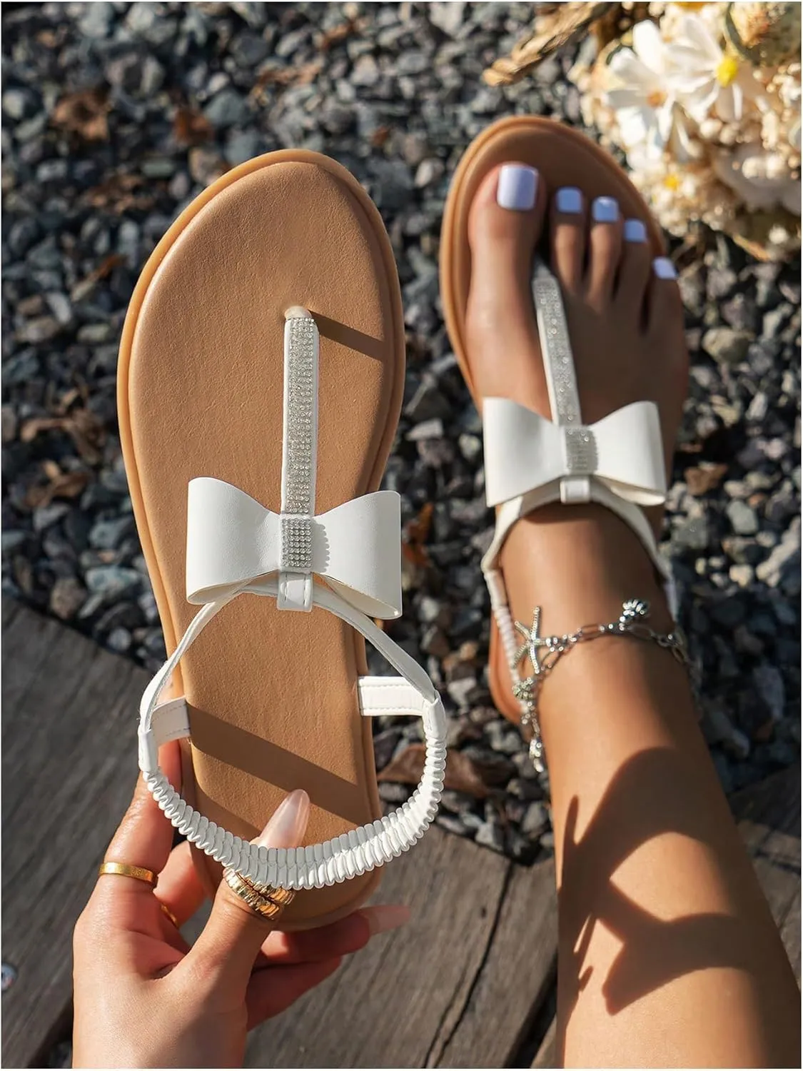 GORGLITTER Women's Rhinestone Bow Flat Sandals Dressy Thong Summer Sandals Open Toe Slingback Slide Sandals