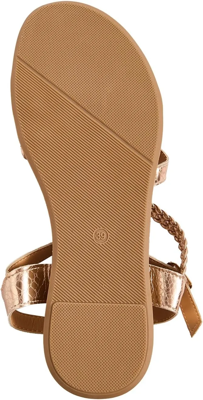 GORGLITTER Women's Rhinestone Braided Strappy Flat Sandals Open Toe Metallic Dressy Sandals