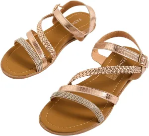 GORGLITTER Women's Rhinestone Braided Strappy Flat Sandals Open Toe Metallic Dressy Sandals