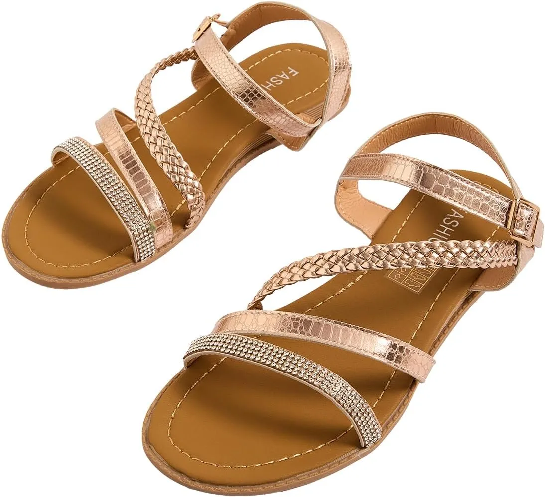 GORGLITTER Women's Rhinestone Braided Strappy Flat Sandals Open Toe Metallic Dressy Sandals