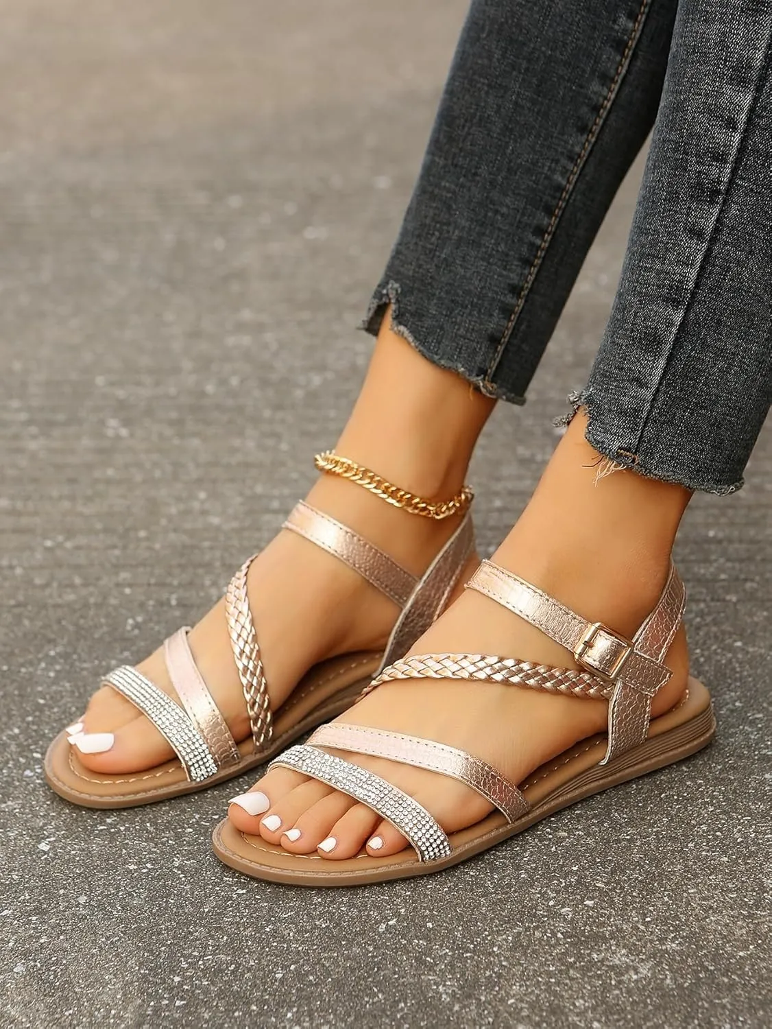 GORGLITTER Women's Rhinestone Braided Strappy Flat Sandals Open Toe Metallic Dressy Sandals