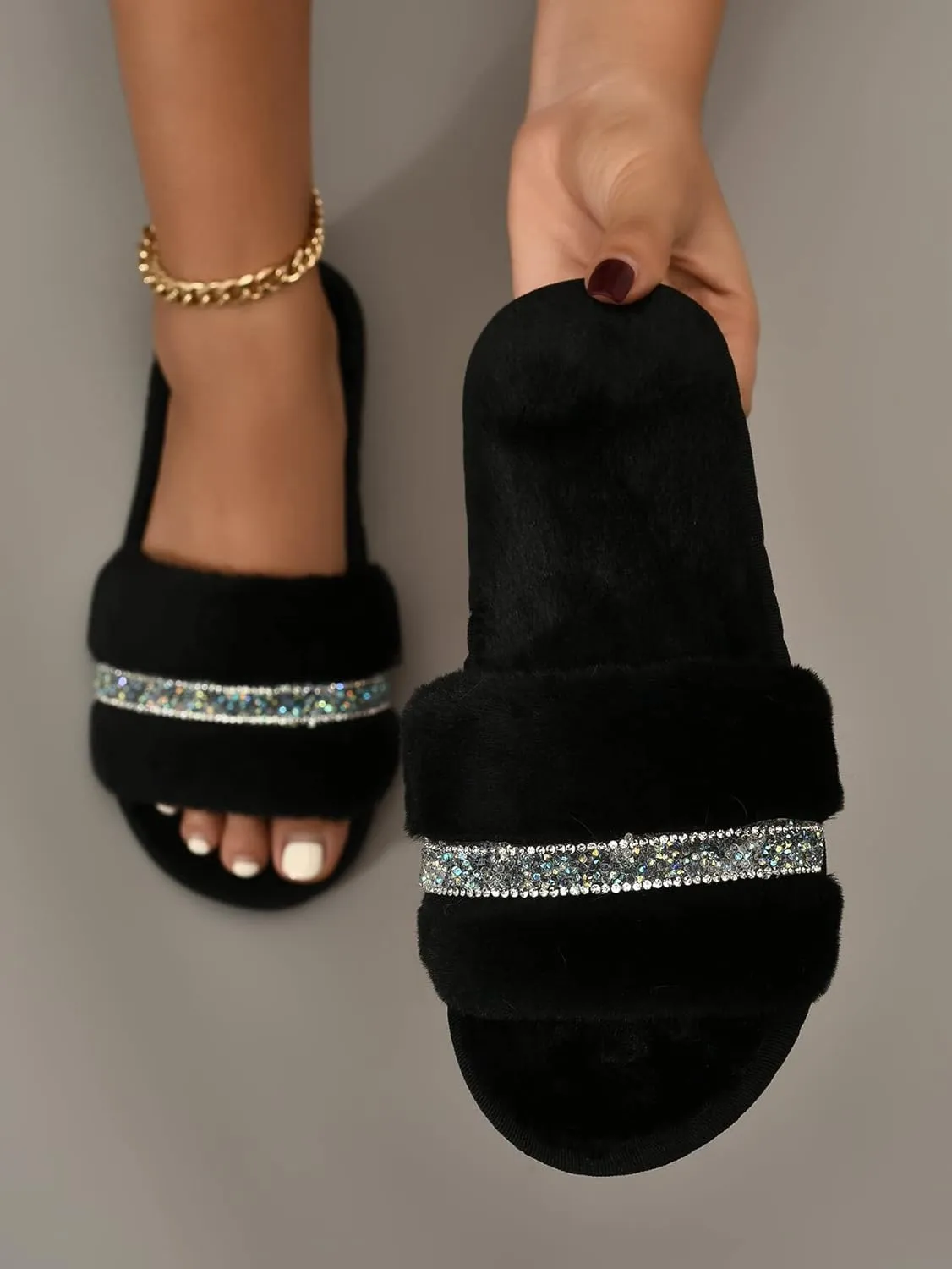 GORGLITTER Women's Rhinestone Fuzzy Sandals Faux Fur Slippers Open Toe House Sandals