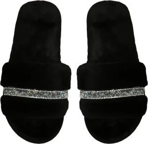 GORGLITTER Women's Rhinestone Fuzzy Sandals Faux Fur Slippers Open Toe House Sandals