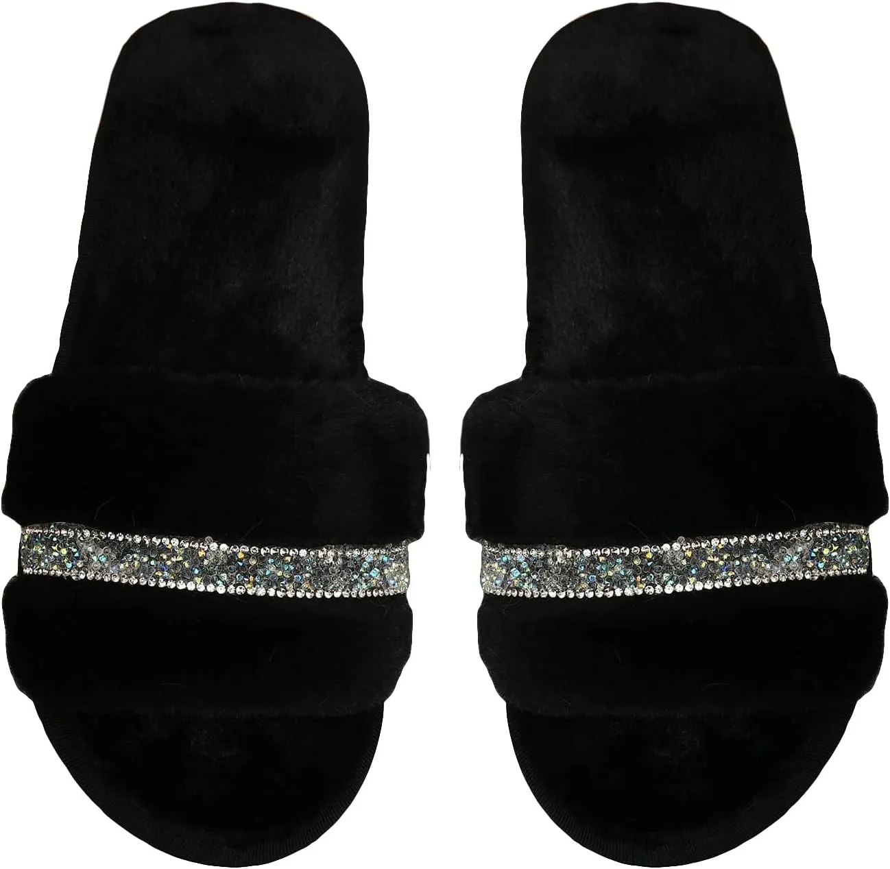 GORGLITTER Women's Rhinestone Fuzzy Sandals Faux Fur Slippers Open Toe House Sandals