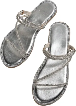 GORGLITTER Women's Rhinestone Sparkly Metallic Strappy Flat Sandals Cute Toe Slip on Slide Sandals