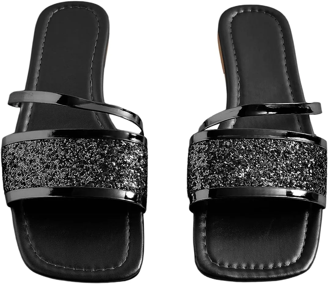 GORGLITTER Women's Sequin Flat Sandals Metallic Fashion Dressy Sandals