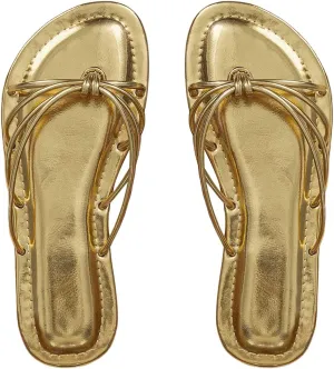 GORGLITTER Women's Strappy Flat Sandals Flip Flops Metallic Open Toe Summer Dressy Slides Sandals