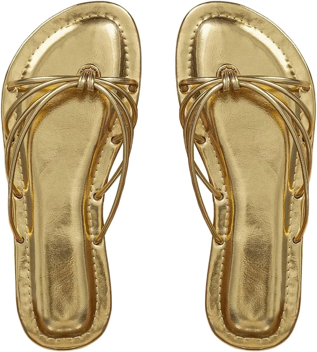 GORGLITTER Women's Strappy Flat Sandals Flip Flops Metallic Open Toe Summer Dressy Slides Sandals