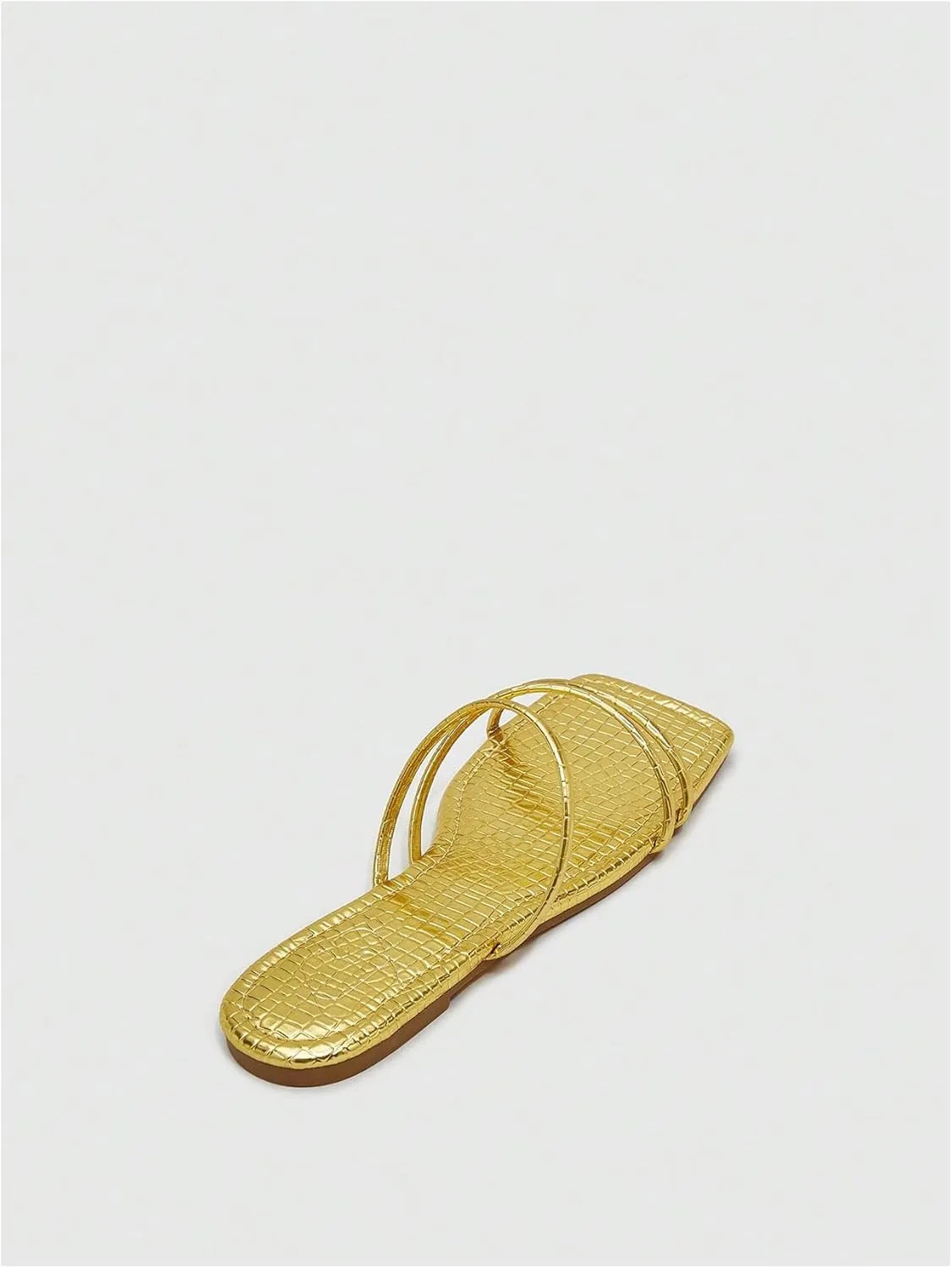 GORGLITTER Women's Strappy Flat Sandals Gold Metallic Crocodile Square Open Toe Dressy Summer Slide Sandals