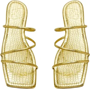 GORGLITTER Women's Strappy Flat Sandals Gold Metallic Crocodile Square Open Toe Dressy Summer Slide Sandals