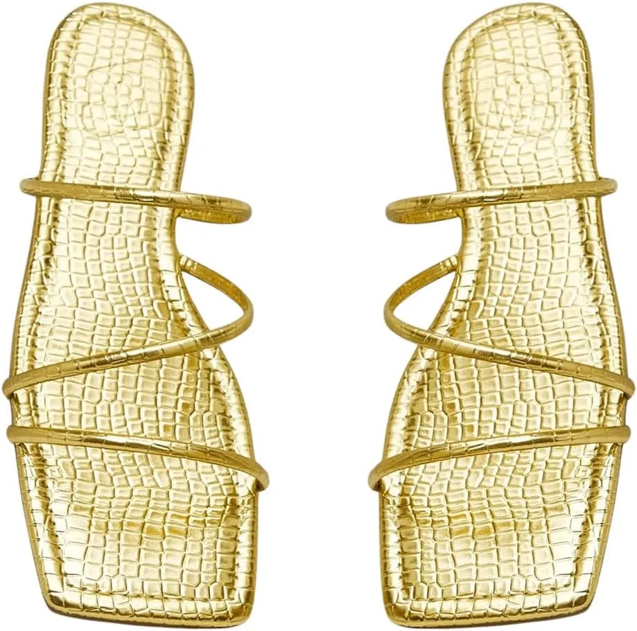 GORGLITTER Women's Strappy Flat Sandals Gold Metallic Crocodile Square Open Toe Dressy Summer Slide Sandals
