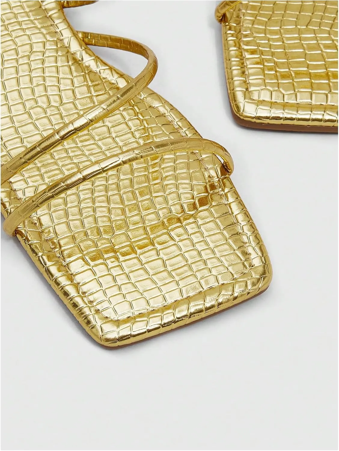 GORGLITTER Women's Strappy Flat Sandals Gold Metallic Crocodile Square Open Toe Dressy Summer Slide Sandals