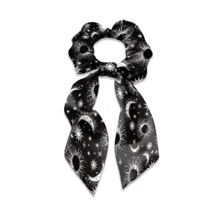 Gothic Moon Hair Scrunchies Satin Hair Tie Set of 2 Sun Hair Ribbon With Bow Knotted Bow Hair Ties for Women Elastic Hair Scarf for Curly Hair Ponytail Hair Accessories