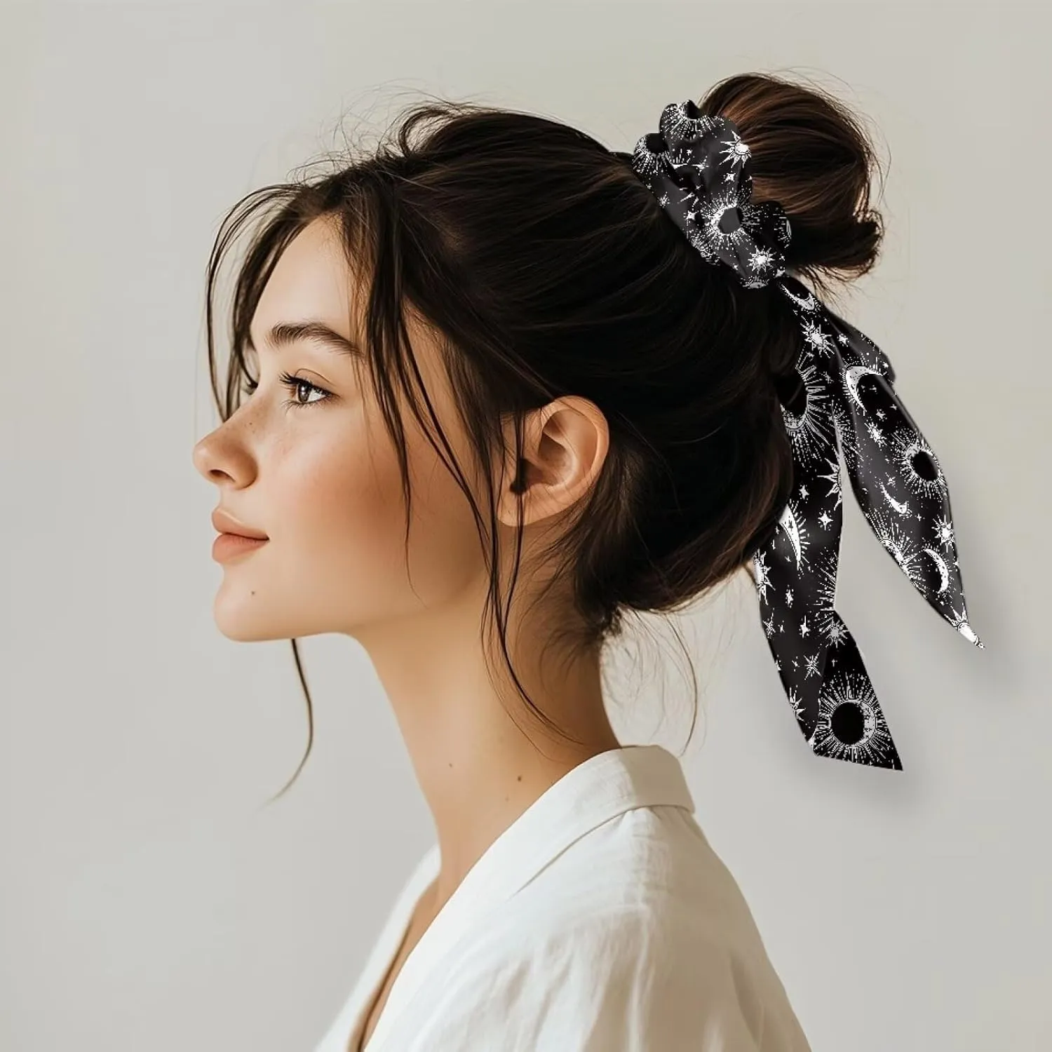 Gothic Moon Hair Scrunchies Satin Hair Tie Set of 2 Sun Hair Ribbon With Bow Knotted Bow Hair Ties for Women Elastic Hair Scarf for Curly Hair Ponytail Hair Accessories