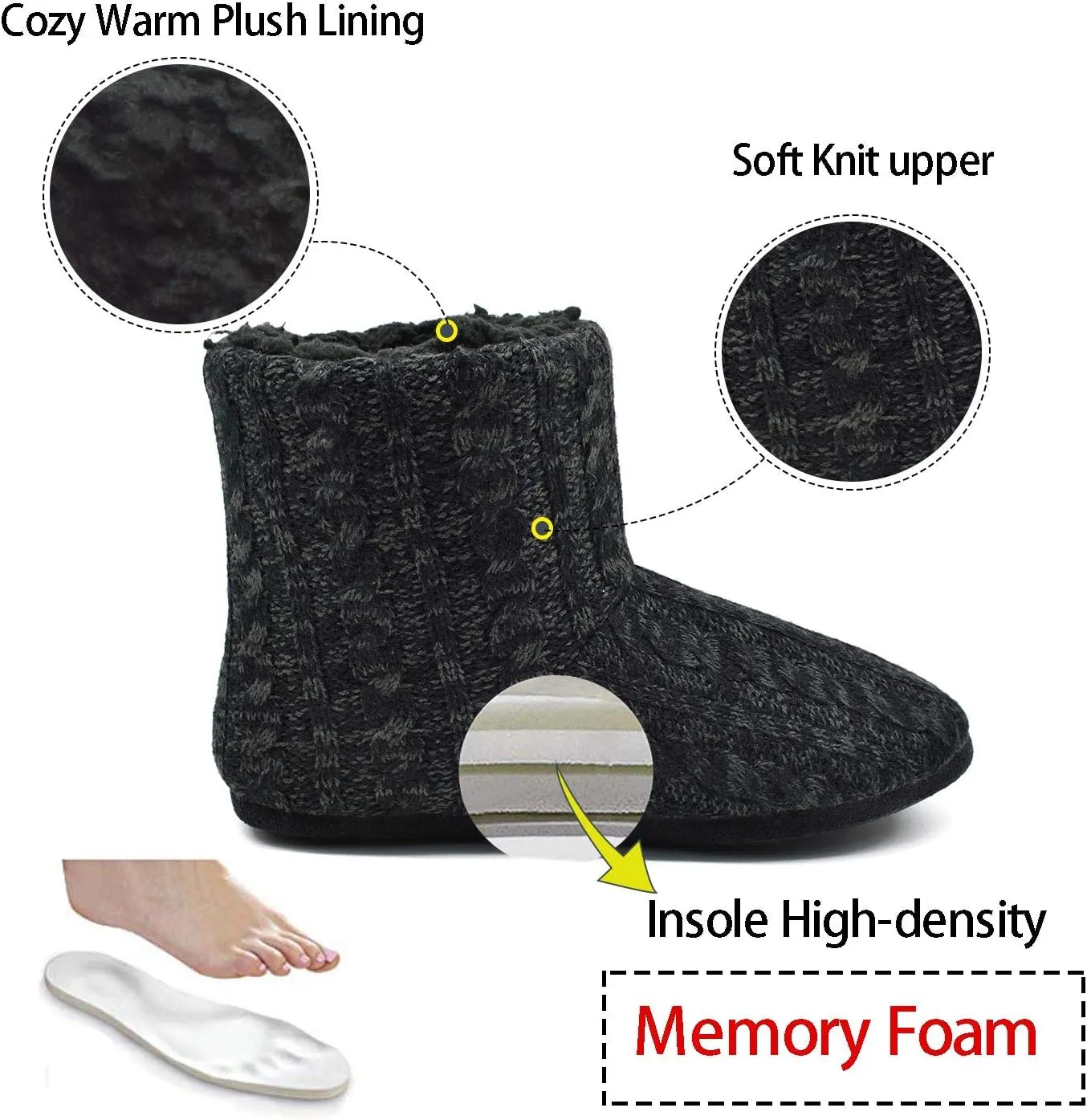GPOS Knit Rock Wool Warm Men Indoor Pull on Cozy Memory Foam Slipper Boots Soft Rubber Sole