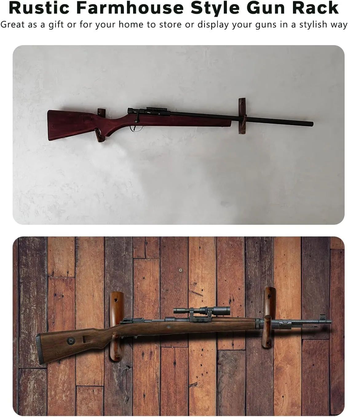 Gun Rack Wall Mount,Natural Hardwood Gun Rack, Handmade Gun Hooks for Wall with Pre Drilled Holes and Hardware Bow Horizontal Hanger Archery for Storage Display Home (6), GUN-RACK-WOOD-6