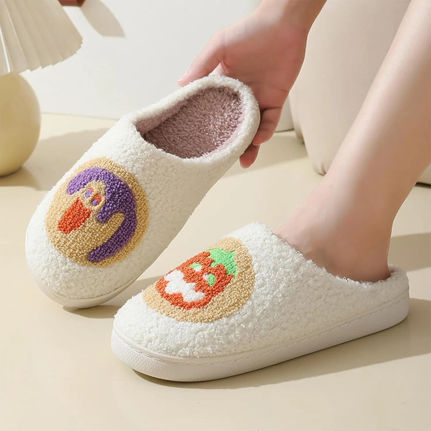 Halloween Pumpkin Slippers for Womens Mens Cute Cartoon Slippers Plush Warm Memory Foam Shoes