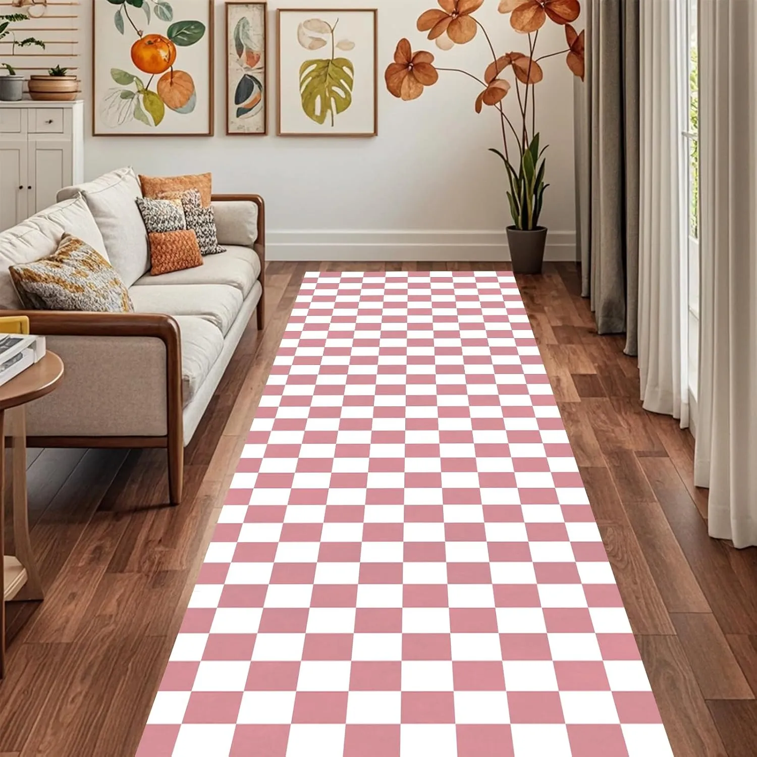 Hallway Runner Rug 2'x8' Washable Long Runner Rug Boho Non Slip Floor Carpet Kitchen Runners Mats Checkered Pink Bedroom Rug,Entryway,Indoor Outdoor Rugs