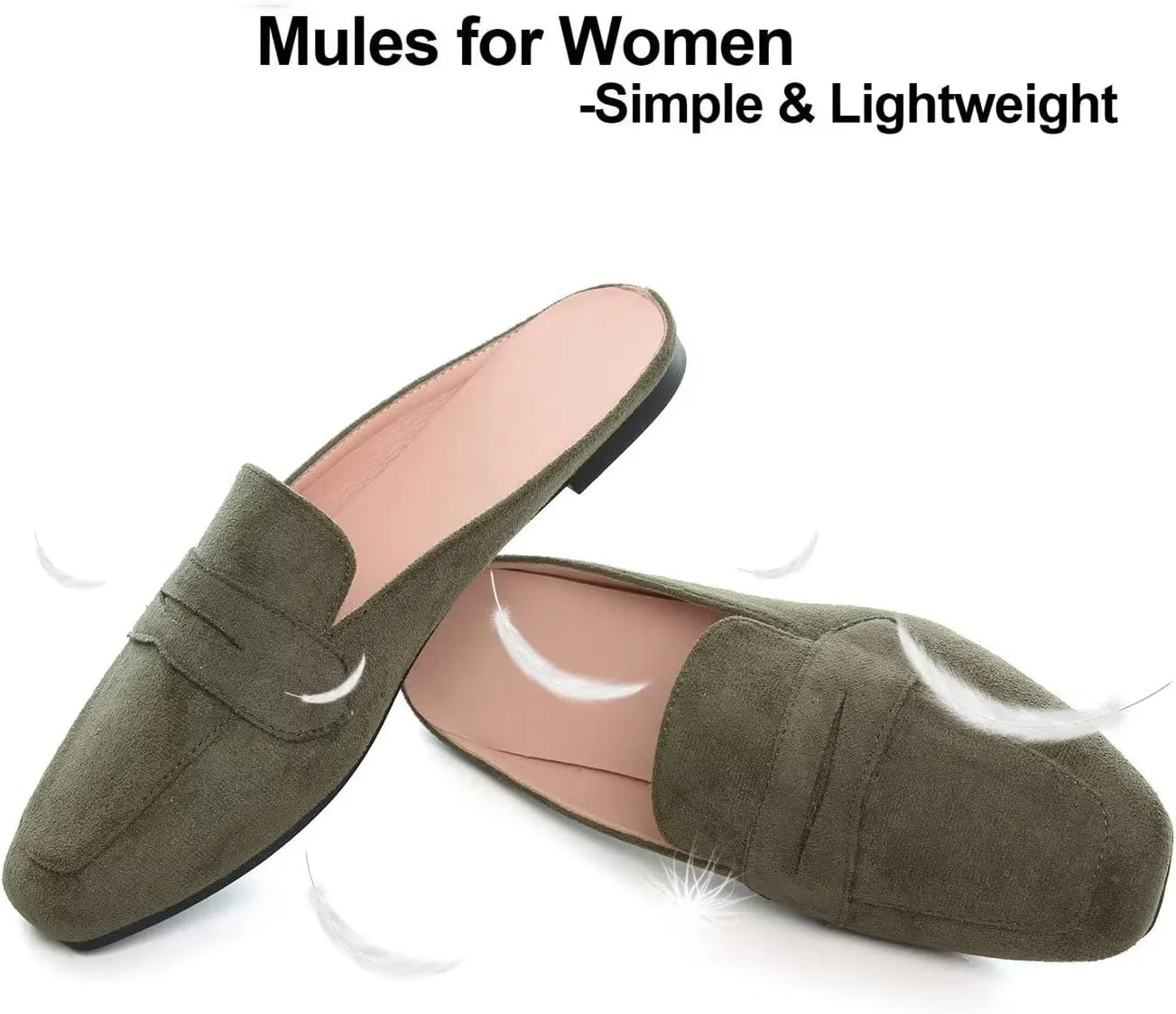Hee grand Mules for Women Flats Square Toe Slip on Flat Slides Comfortable Suede Women Slippers Backless Loafer Shoes