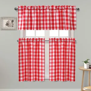 Hiasan Semi Sheer Tier and Valance Curtains Set Light Filtering Buffalo Checkered Kitchen Curtains, Red, Set of 3 Pieces, 60 W x 18 L (1 Panel)   29 W x 36 L (2 Panels)