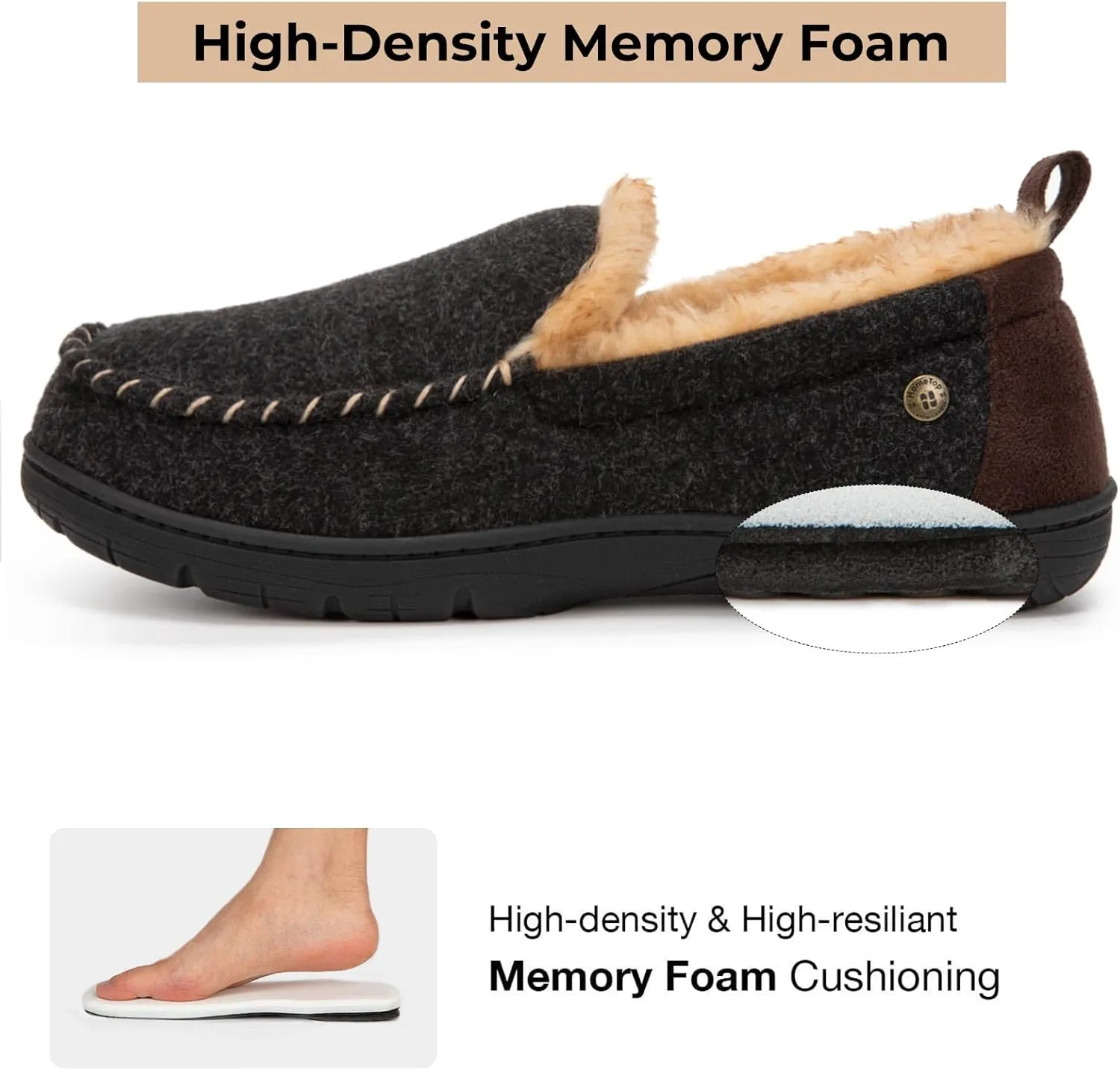 HomeTop Men's Memory Foam Moccasin Slippers, Indoor and Outdoor Warm Fuzzy Fleece House Shoes