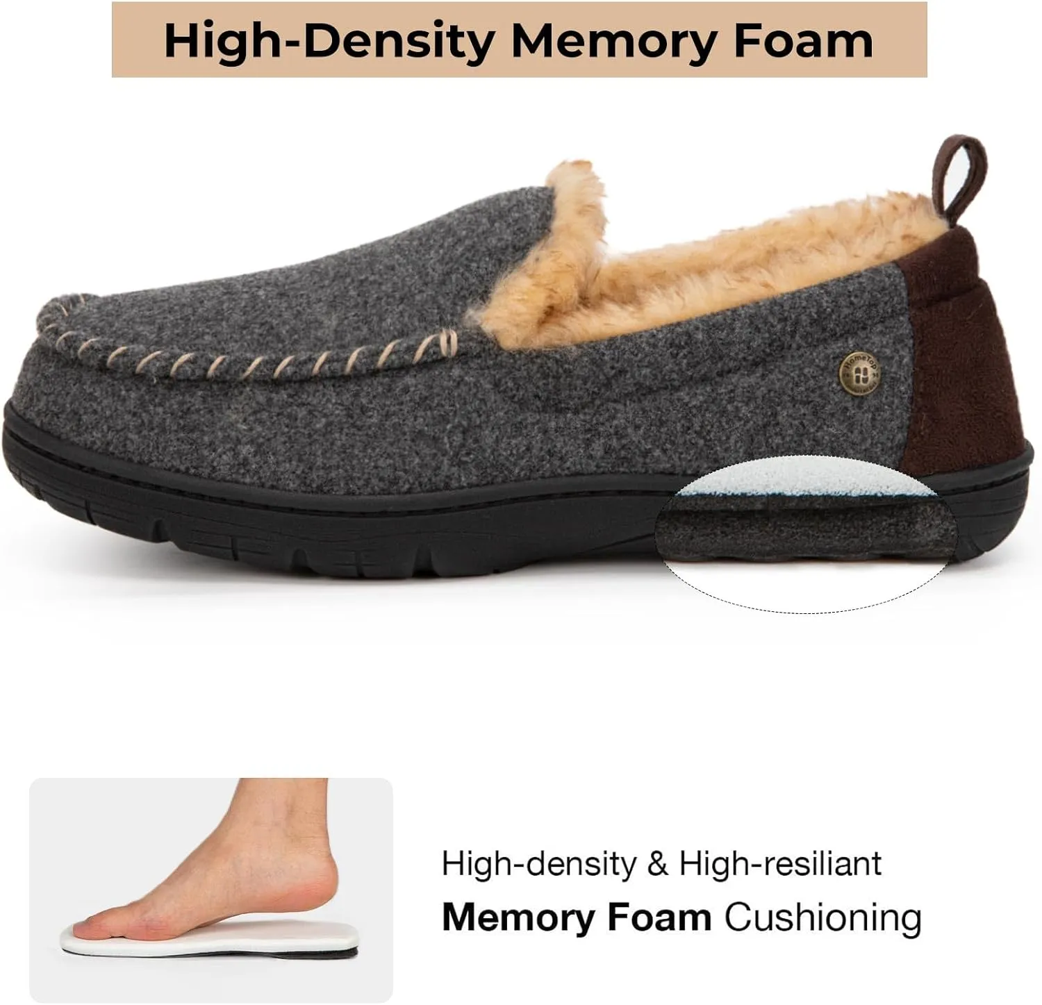 HomeTop Men's Memory Foam Moccasin Slippers, Indoor and Outdoor Warm Fuzzy Fleece House Shoes