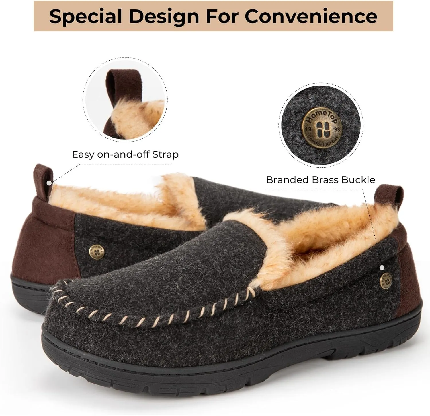 HomeTop Men's Memory Foam Moccasin Slippers, Indoor and Outdoor Warm Fuzzy Fleece House Shoes