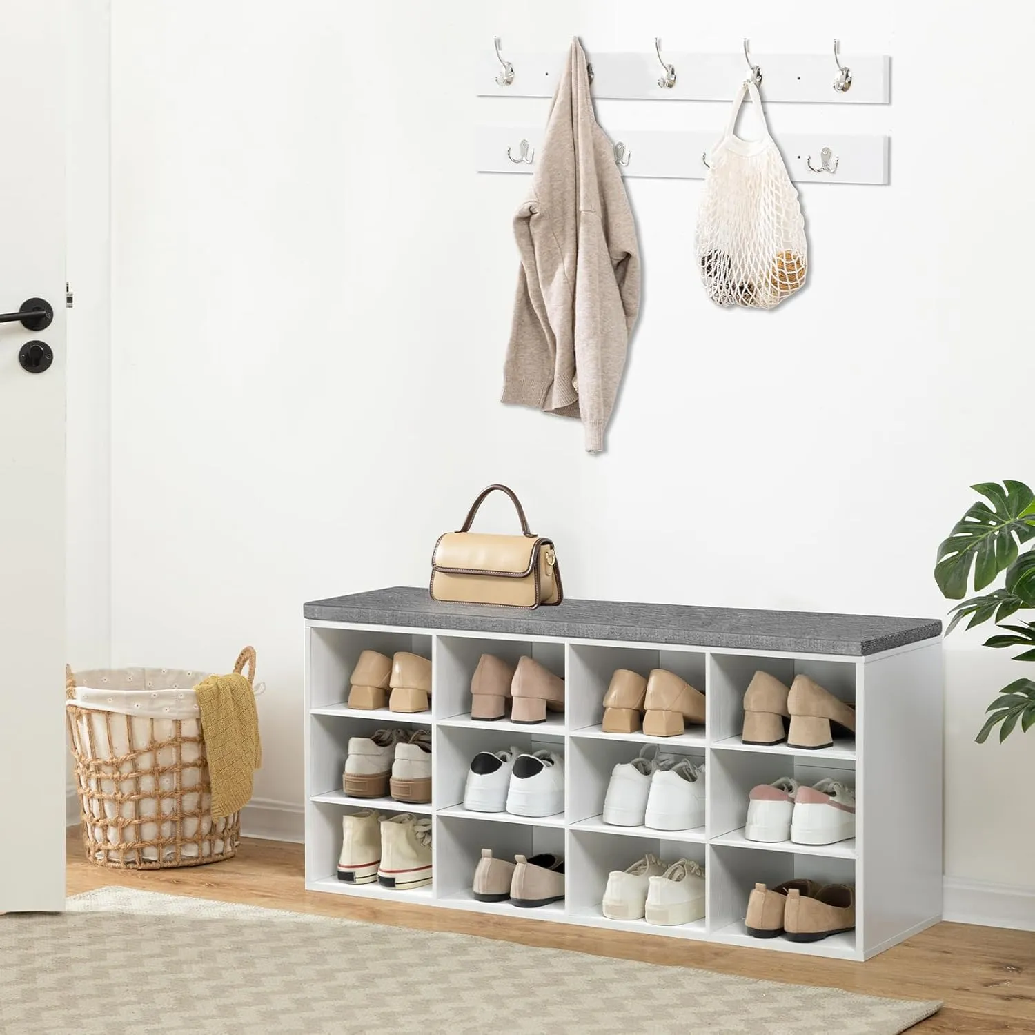 HOOBRO Shoe Storage Bench with Cushion, Entryway Bench, 39.4" Hall Tree, Coat Rack, 12 Cubbies, Holds up to 330 lb, Shoe Rack, Storage Cabinet for Bedroom, Hallway, White and Gray WT112HX01