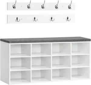 HOOBRO Shoe Storage Bench with Cushion, Entryway Bench, 39.4" Hall Tree, Coat Rack, 12 Cubbies, Holds up to 330 lb, Shoe Rack, Storage Cabinet for Bedroom, Hallway, White and Gray WT112HX01