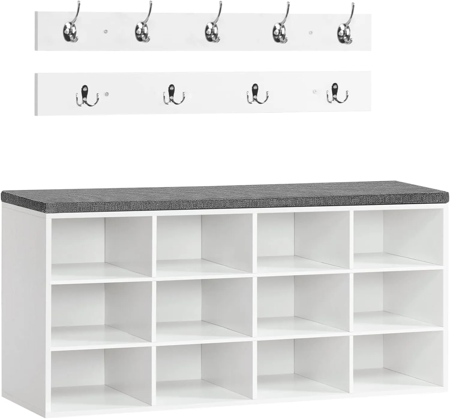 HOOBRO Shoe Storage Bench with Cushion, Entryway Bench, 39.4" Hall Tree, Coat Rack, 12 Cubbies, Holds up to 330 lb, Shoe Rack, Storage Cabinet for Bedroom, Hallway, White and Gray WT112HX01