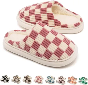 House Slippers for Woman Men, Womens Slippers on Fuzzy House Shoes Memory Foam Checkered Scuff Outdoor Indoor Warm Plush Bedroom Shoes with Faux Fur Lining Size