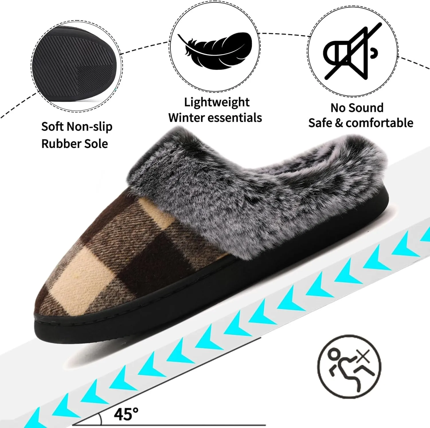 House Slippers for Woman Men, womens slippers on House Shoes Cozy Memory Foam Scuff plaid slippers with Fuzzy Faux Fur Comfortable Non-Slip Warm Fuzzy Checkered Slippers Indoor outdoor