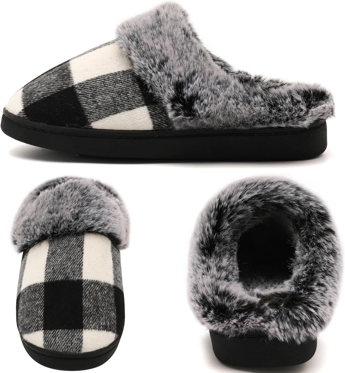 House Slippers for Woman Men, womens slippers on House Shoes Cozy Memory Foam Scuff plaid slippers with Fuzzy Faux Fur Comfortable Non-Slip Warm Fuzzy Checkered Slippers Indoor outdoor