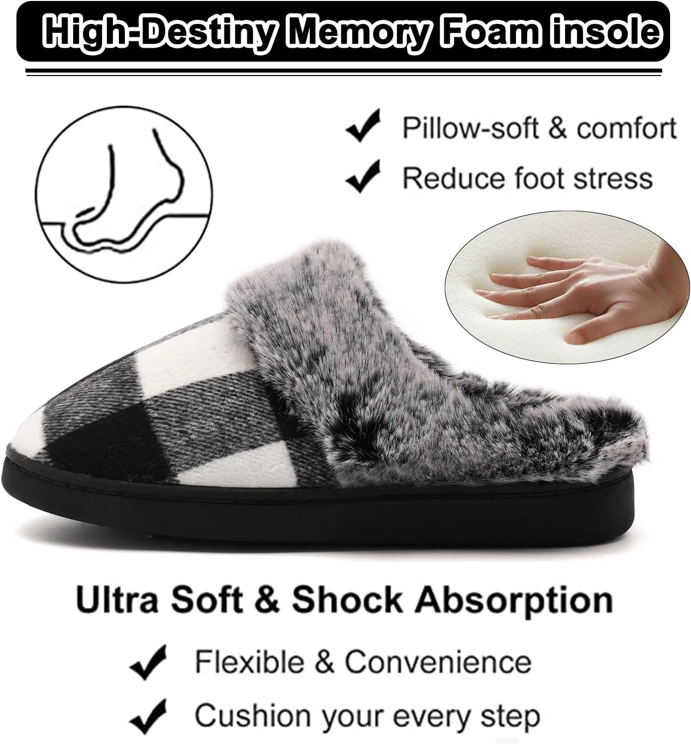 House Slippers for Woman Men, womens slippers on House Shoes Cozy Memory Foam Scuff plaid slippers with Fuzzy Faux Fur Comfortable Non-Slip Warm Fuzzy Checkered Slippers Indoor outdoor