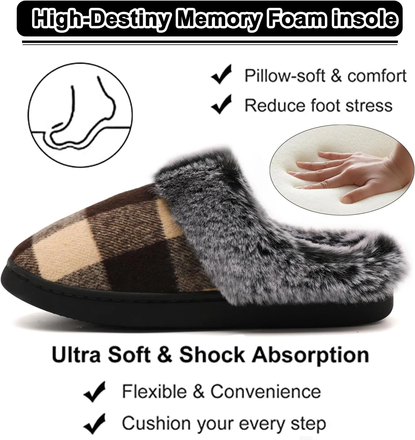 House Slippers for Woman Men, womens slippers on House Shoes Cozy Memory Foam Scuff plaid slippers with Fuzzy Faux Fur Comfortable Non-Slip Warm Fuzzy Checkered Slippers Indoor outdoor