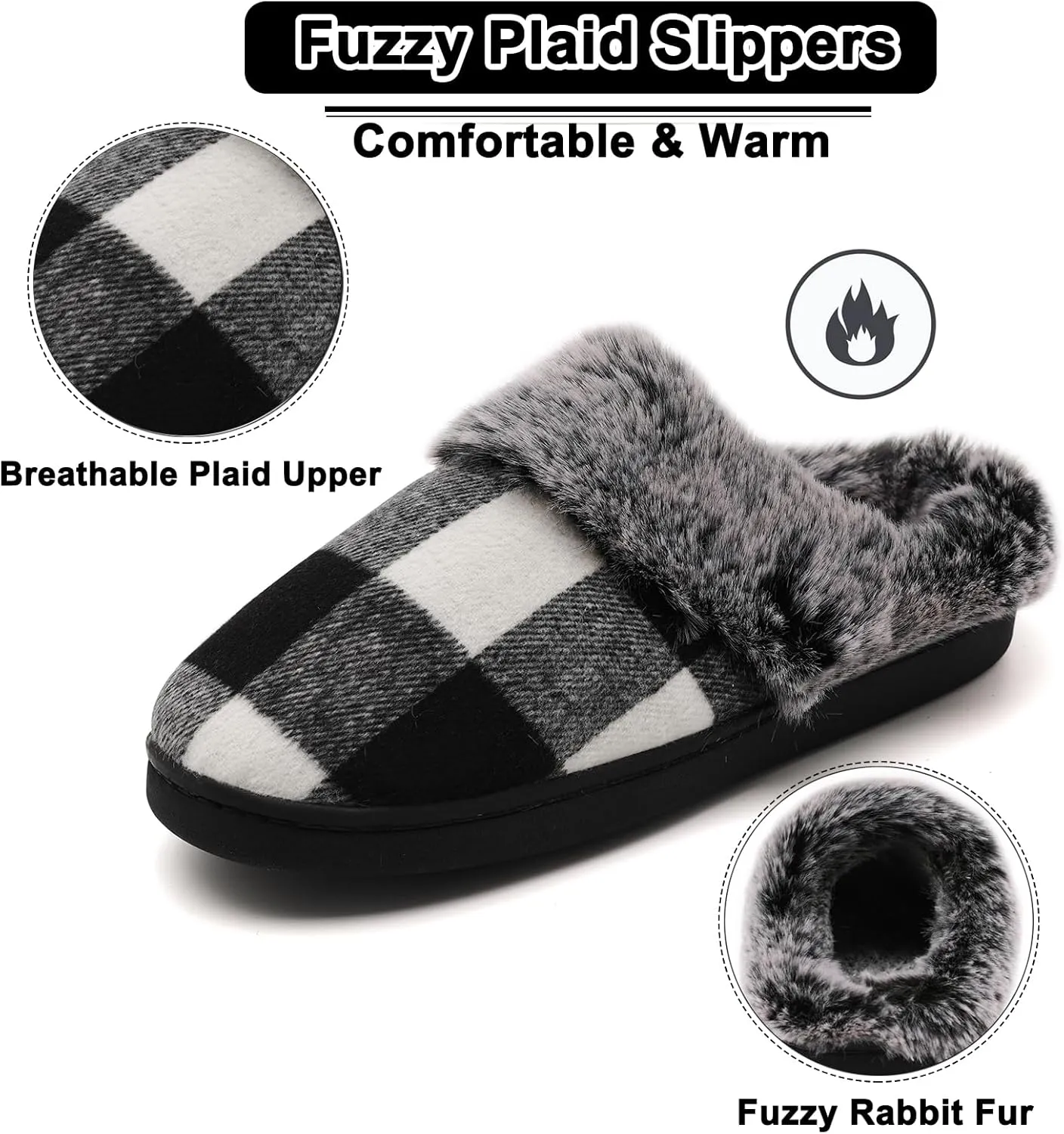 House Slippers for Woman Men, womens slippers on House Shoes Cozy Memory Foam Scuff plaid slippers with Fuzzy Faux Fur Comfortable Non-Slip Warm Fuzzy Checkered Slippers Indoor outdoor