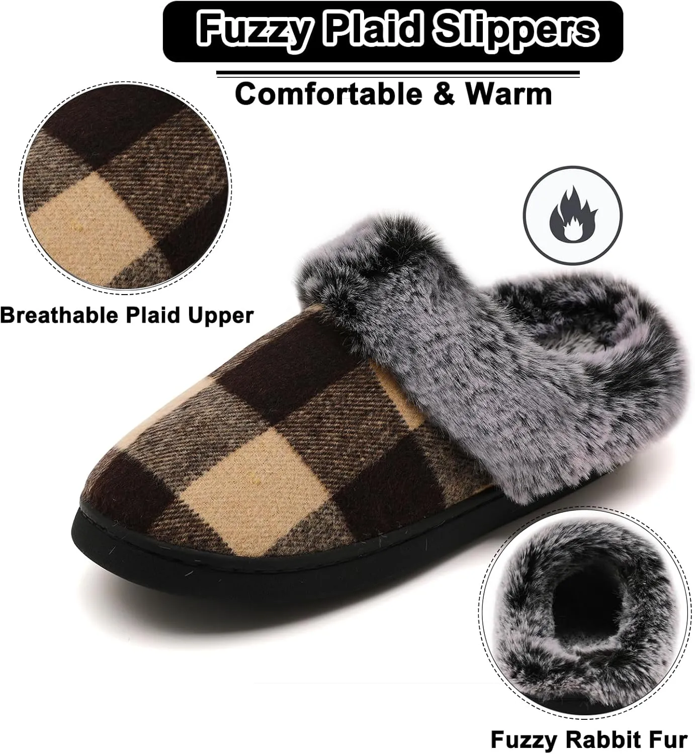 House Slippers for Woman Men, womens slippers on House Shoes Cozy Memory Foam Scuff plaid slippers with Fuzzy Faux Fur Comfortable Non-Slip Warm Fuzzy Checkered Slippers Indoor outdoor
