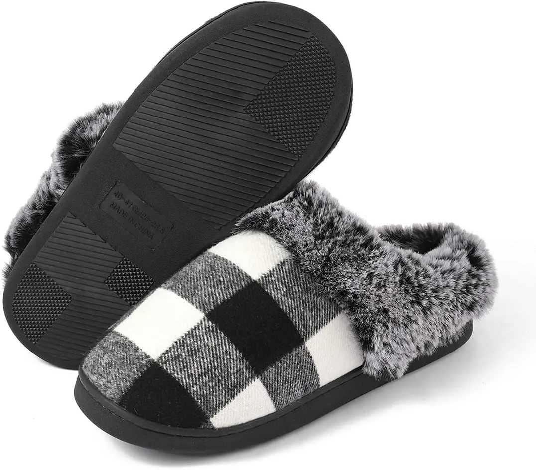 House Slippers for Woman Men, womens slippers on House Shoes Cozy Memory Foam Scuff plaid slippers with Fuzzy Faux Fur Comfortable Non-Slip Warm Fuzzy Checkered Slippers Indoor outdoor