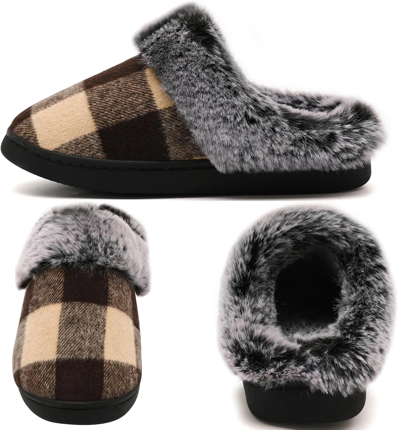 House Slippers for Woman Men, womens slippers on House Shoes Cozy Memory Foam Scuff plaid slippers with Fuzzy Faux Fur Comfortable Non-Slip Warm Fuzzy Checkered Slippers Indoor outdoor