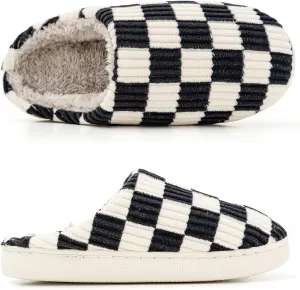 House Slippers for Women Men, Checkered Slippers, Women's Checkerboard Slippers Teen Girls Trendy Plaid Scuff Slides, Men's Fuzzy Cotton Indoor Slippers Slip on Memory Foam Bedroom Home Shoes
