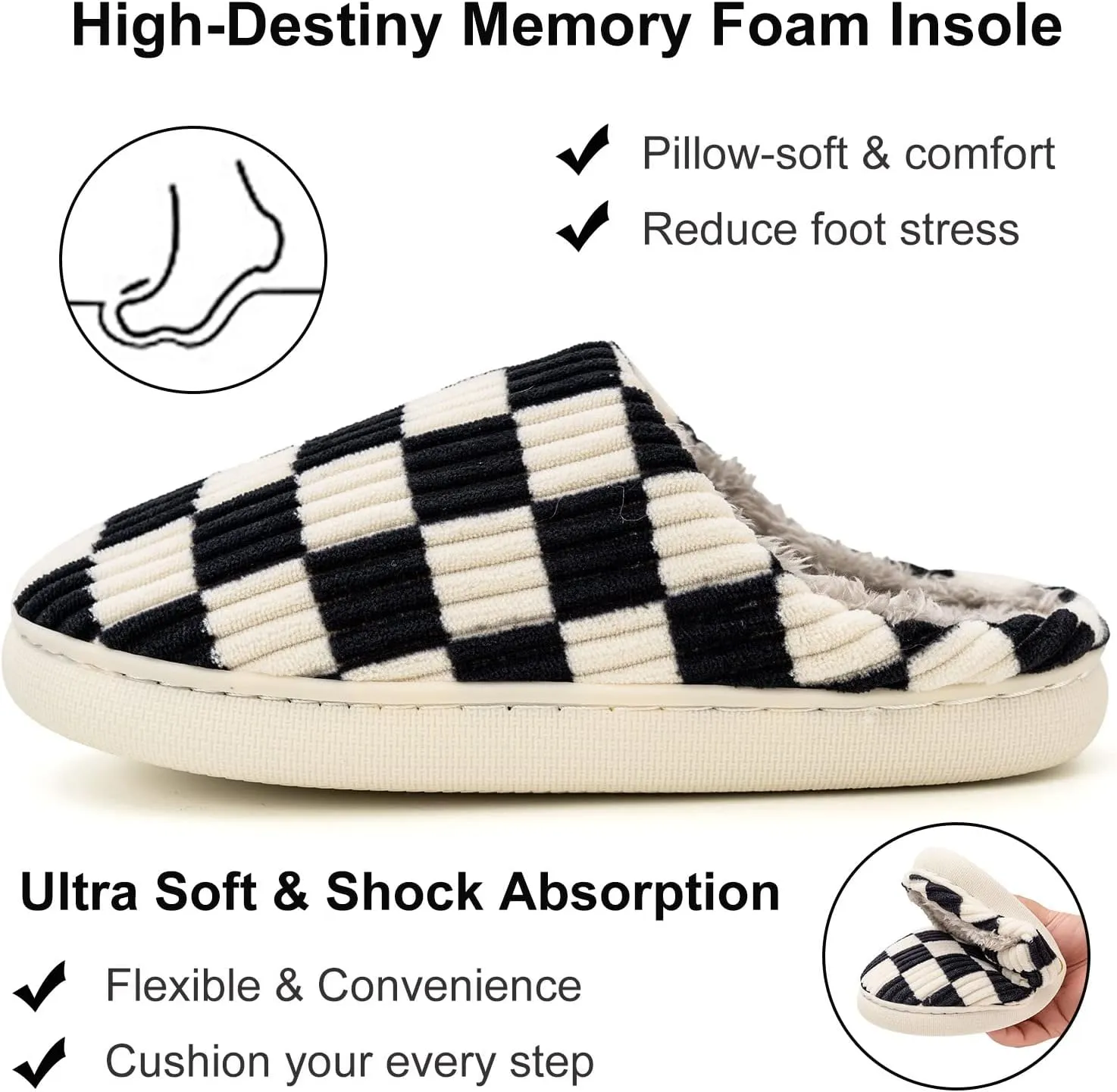 House Slippers for Women Men, Checkered Slippers, Women's Checkerboard Slippers Teen Girls Trendy Plaid Scuff Slides, Men's Fuzzy Cotton Indoor Slippers Slip on Memory Foam Bedroom Home Shoes