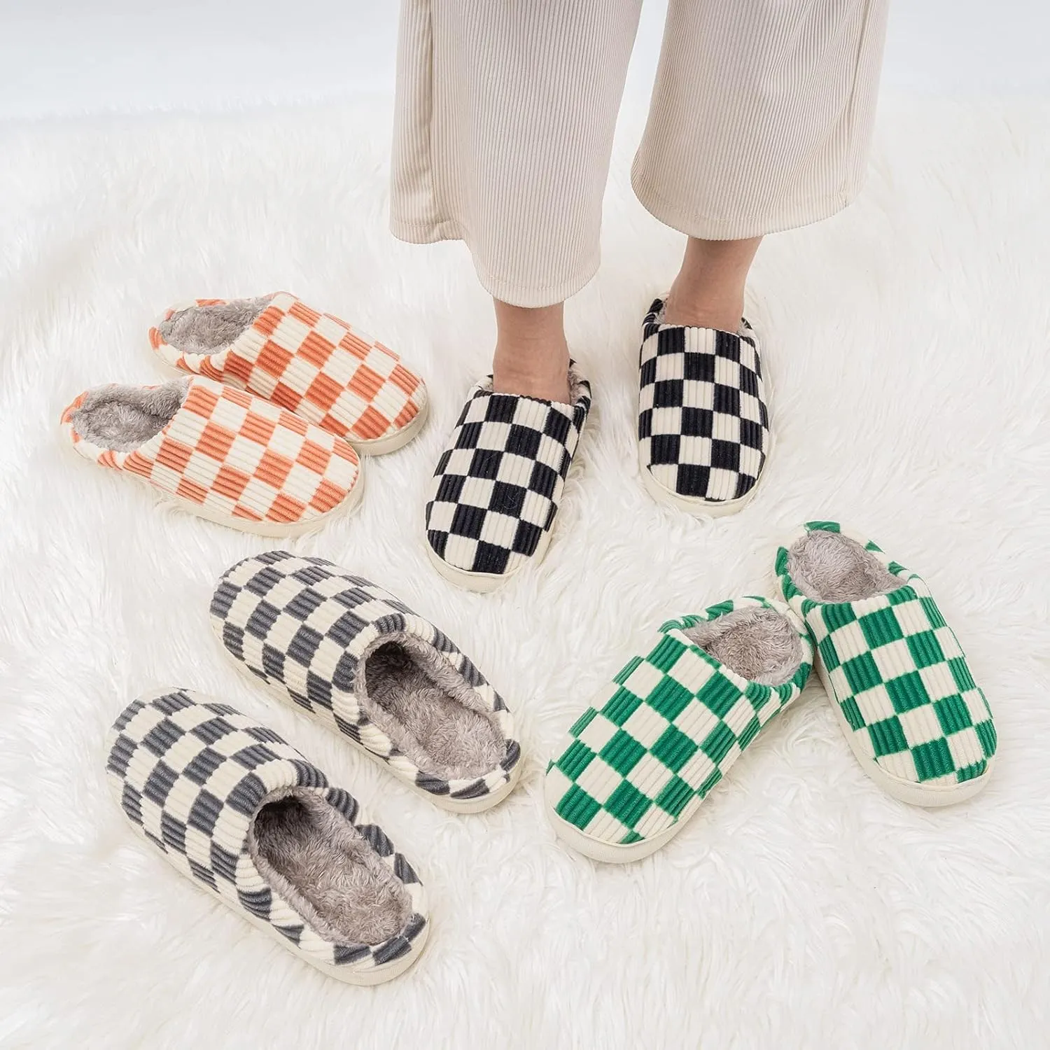House Slippers for Women Men, Checkered Slippers, Women's Checkerboard Slippers Teen Girls Trendy Plaid Scuff Slides, Men's Fuzzy Cotton Indoor Slippers Slip on Memory Foam Bedroom Home Shoes
