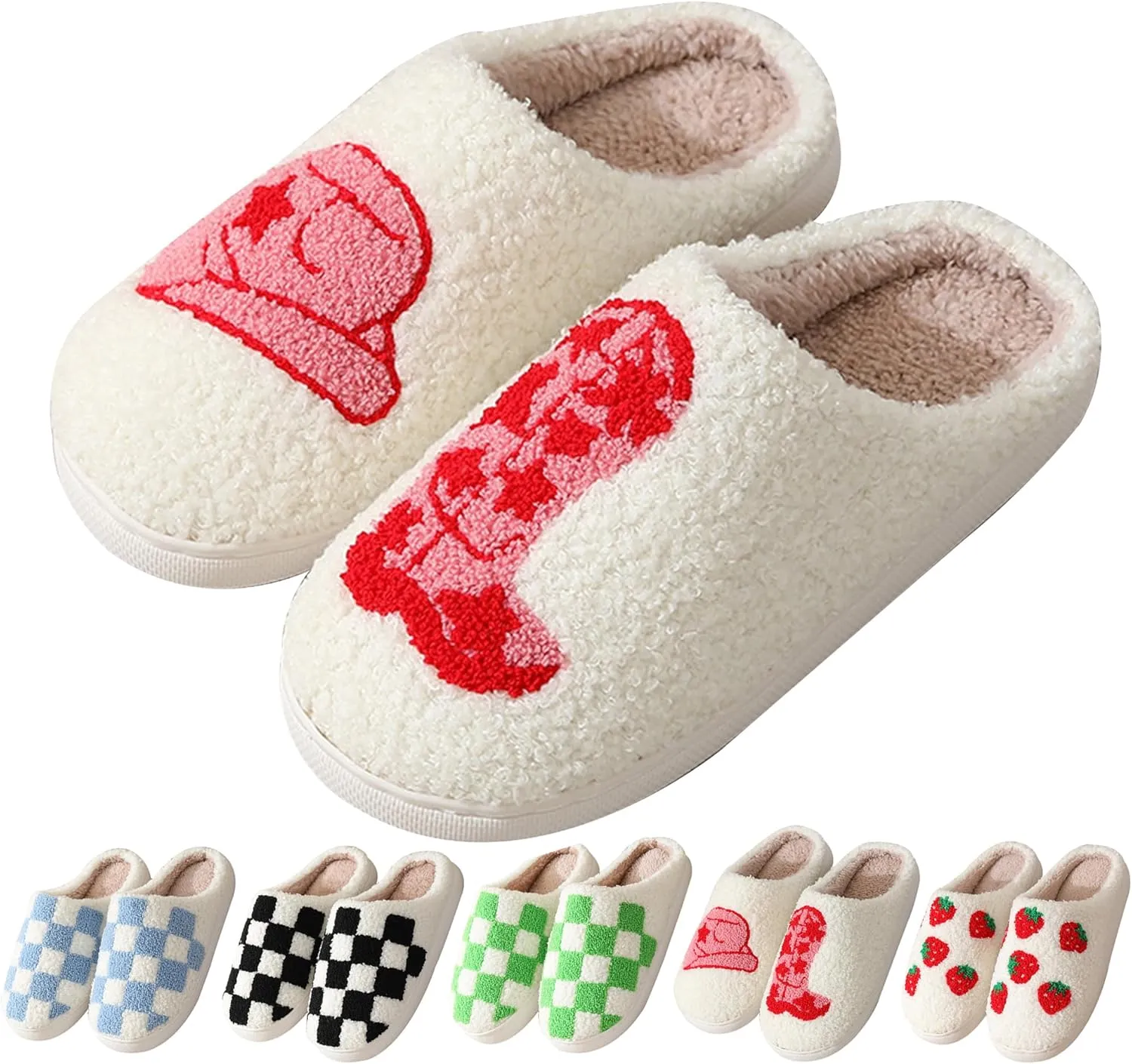 House Slippers for Women Men, Plush Warm Fuzzy Slippers, Cozy Memory Foam Checkered Slippers, Bedroom Indoor Outdoor Slip on Plaid Shoes with Fur