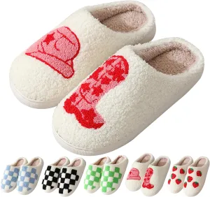 House Slippers for Women Men, Plush Warm Fuzzy Slippers, Cozy Memory Foam Checkered Slippers, Bedroom Indoor Outdoor Slip on Plaid Shoes with Fur