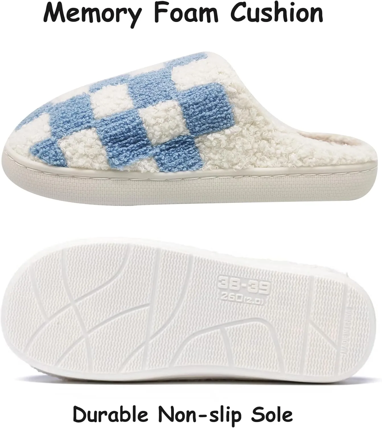 House Slippers for Women Men, Plush Warm Fuzzy Slippers, Cozy Memory Foam Checkered Slippers, Bedroom Indoor Outdoor Slip on Plaid Shoes with Fur