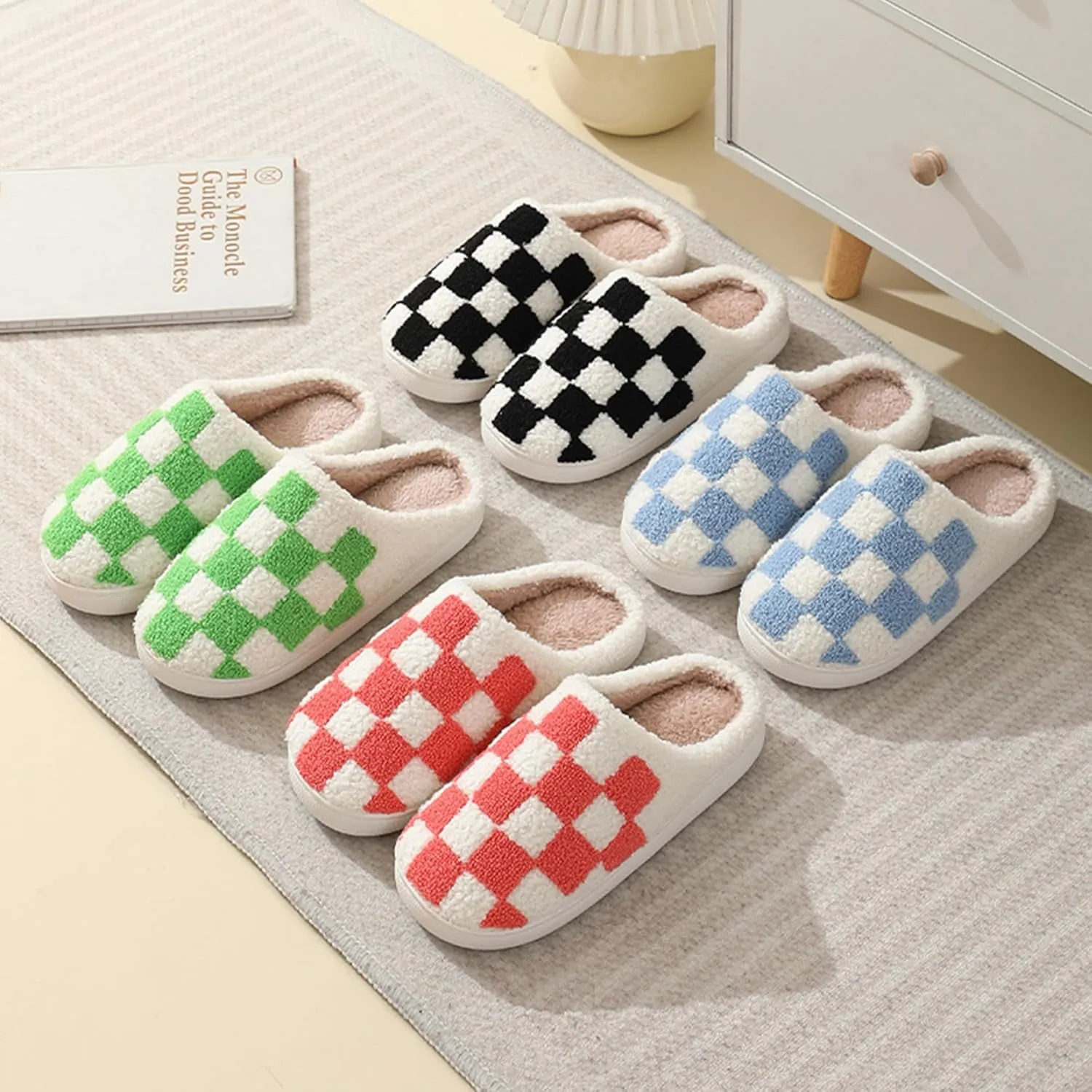 House Slippers for Women Men, Plush Warm Fuzzy Slippers, Cozy Memory Foam Checkered Slippers, Bedroom Indoor Outdoor Slip on Plaid Shoes with Fur