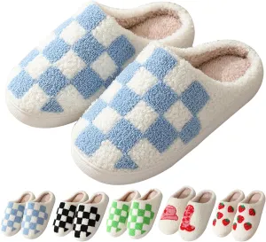 House Slippers for Women Men, Plush Warm Fuzzy Slippers, Cozy Memory Foam Checkered Slippers, Bedroom Indoor Outdoor Slip on Plaid Shoes with Fur